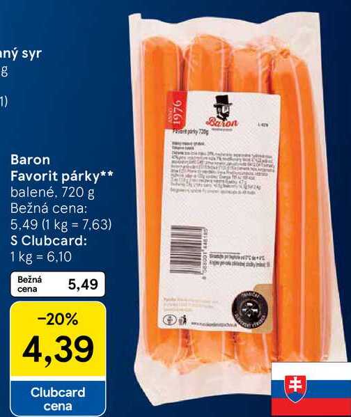 Baron Favorit párky, 720 g 