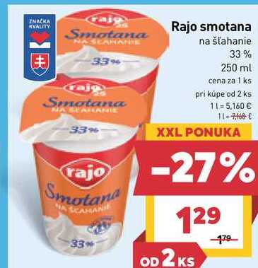 Rajo smotana na šľahanie 33% 250 ml 