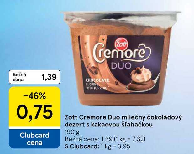 Zott Cremore Duo mliečny čokoládový dezert s kakaovou šľahačkou 190 g 