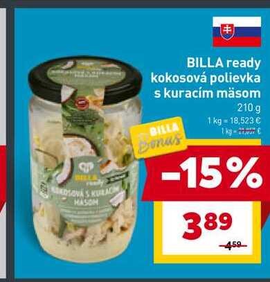 BILLA ready kokosová polievka s kuracím mäsom 210 g