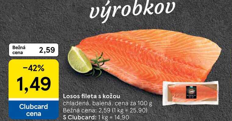 Losos fileta s kožou chladená, balená, cena za 100 g