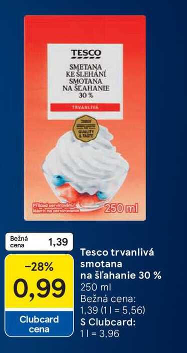Tesco trvanlivá smotana na šľahanie 30 % 250 ml 