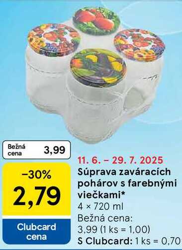 Súprava zaváracích pohárov s farebnými viečkami, 4x 720 ml 