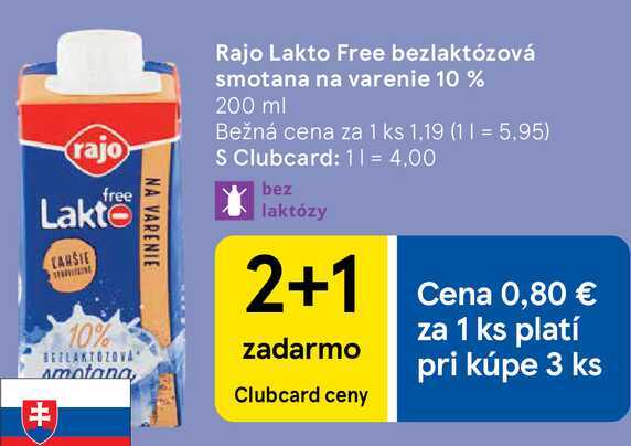 Rajo Lakto Free bezlaktózová smotana na varenie 10%, 200 ml