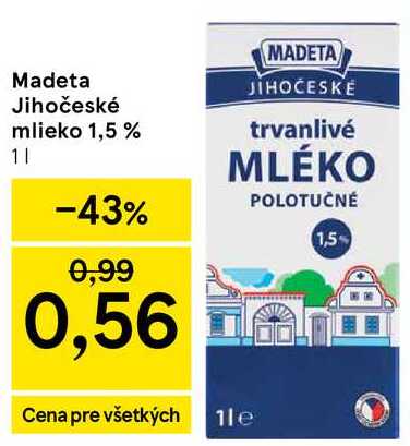 Madeta Jihočeské mlieko 1,5 %, 1 l