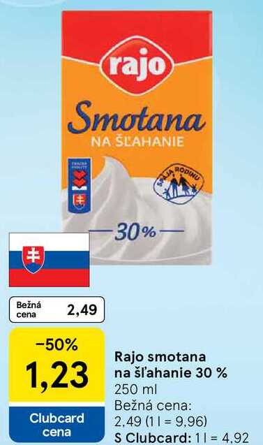 Rajo smotana na šľahanie 30 %, 250 ml 