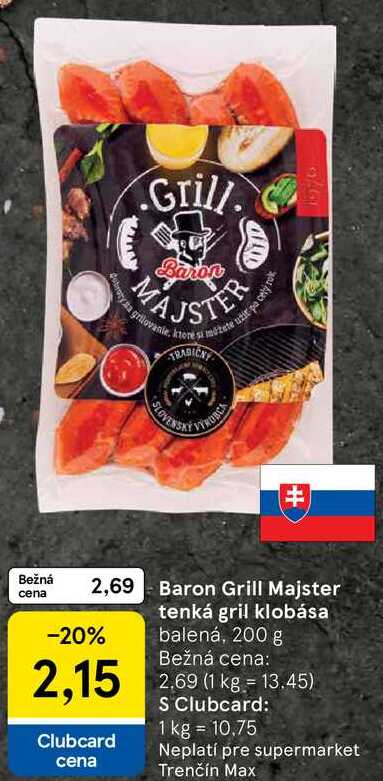 Baron Grill Majster tenká gril klobása, 200 g