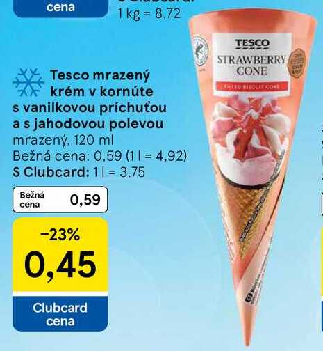 Tesco mrazený krém v kornúte s vanilkovou príchuťou a s jahodovou polevou, 120 ml 