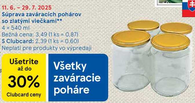 Súprava zaváracích pohárov so zlatými viečkami, 4x 540 ml