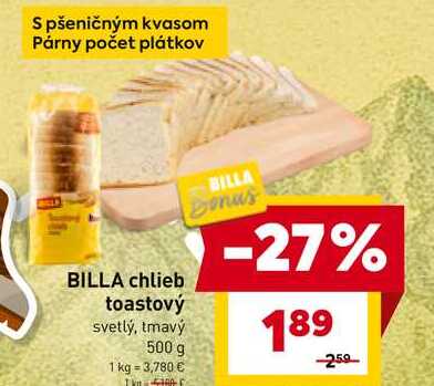 BILLA chlieb toastový svetlý, tmavý 500 g 