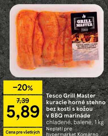 Tesco Grill Master kuracie horné stehno bez kosti s kožou v BBQ marináde, 1 kg