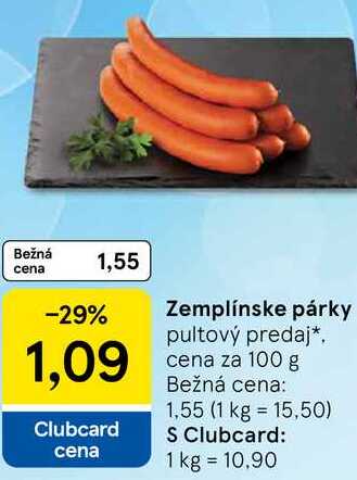 Zemplínske párky, cena za 100 g 