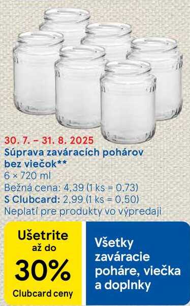 Súprava zaváracích pohárov bez viečok, 6x 720 ml 
