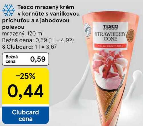 Tesco mrazený krém v kornúte s vanilkovou príchuťou a s jahodovou polevou, 120 ml 