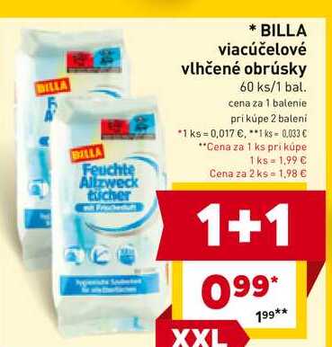 BILLA viacúčelové vlhčené obrúsky 60 ks/1 bal. 