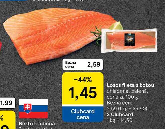 Losos fileta s kožou chladená, balená, cena za 100 g 