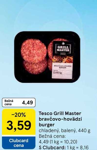 Tesco Grill Master bravčovo-hovädzí burger chladený, balený 440 g 