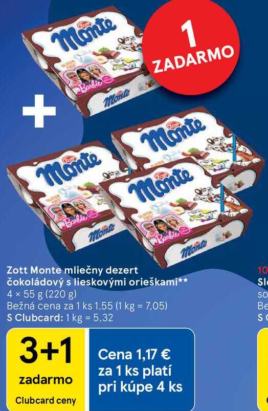 Zott Monte mliečny dezert čokoládový s lieskovými orieškami, 4x 55 g 