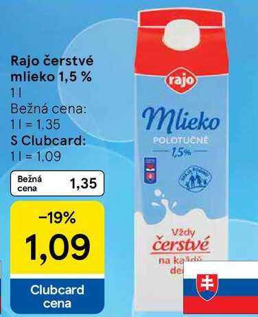 Rajo čerstvé mlieko 1,5 %, 1 l