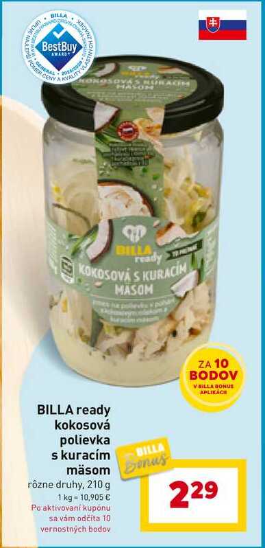 BILLA ready kokosová polievka s kuracím mäsom rôzne druhy, 210 g