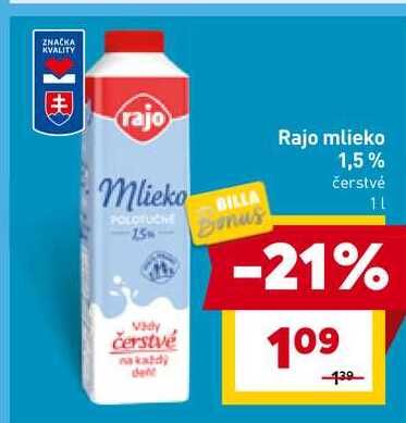 Rajo mlieko 1,5% čerstvé 1l