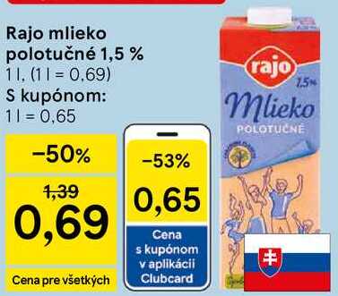 Rajo mlieko polotučné 1,5 %, 1 l