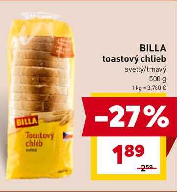 BILLA toastový chlieb svetlý/tmavý 500 g