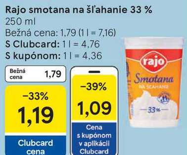Rajo smotana na šľahanie 33 %, 250 ml 