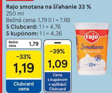 Rajo smotana na šľahanie 33 %, 250 ml