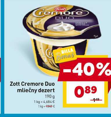 Zott Cremore Duo mliečny dezert 190 g 