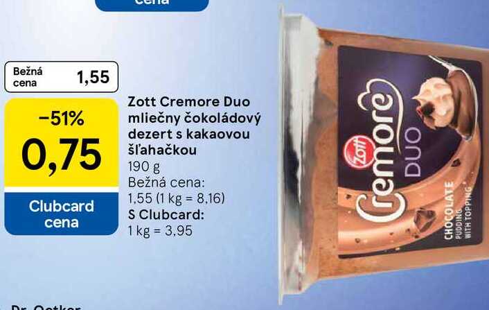 Zott Cremore Duo mliečny čokoládový dezert s kakaovou šľahačkou, 190 g