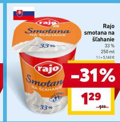 Rajo smotana na šľahanie 33% 250 ml 