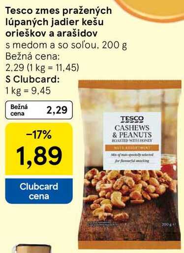 Tesco zmes pražených lúpaných jadier kešu orieškov a arašidov, 200 g