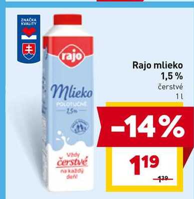 Rajo mlieko 1,5% čerstvé 1l