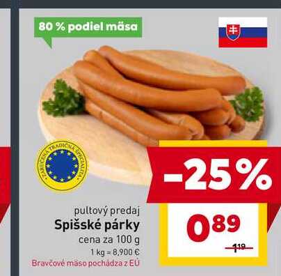 Spišské párky cena za 100 g 