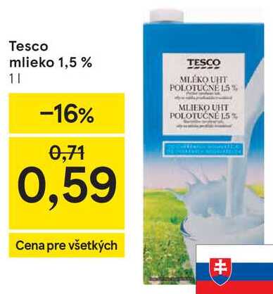 Tesco mlieko 1,5 %, 1 l