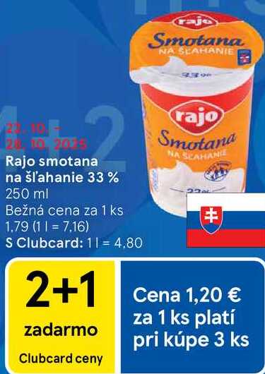 Rajo smotana na šľahanie 33%, 250 ml 
