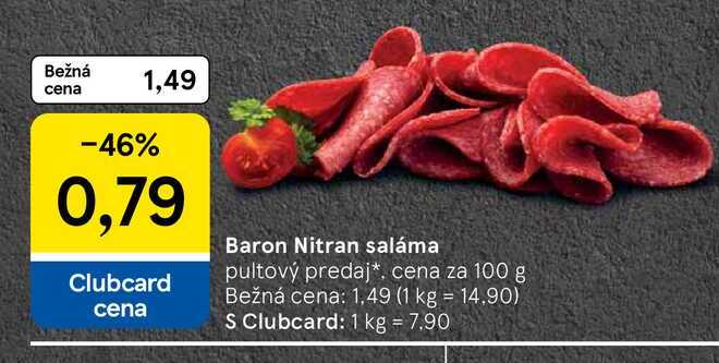 Baron Nitran saláma pultový predaj, cena za 100 g