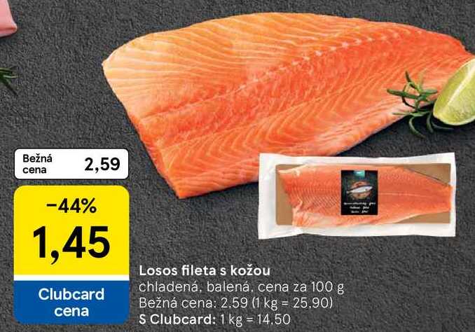 Losos fileta s kožou chladená, balená, cena za 100 g 