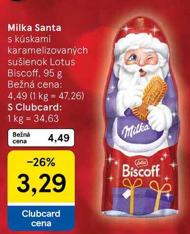 Milka Santa s kúskami karamelizovaných sušienok Lotus Biscoff, 95 g 
