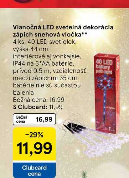 Vianočná LED svetelná dekorácia zápich snehová vločka 4 ks, 40 LED svetielok výška 44 cm
