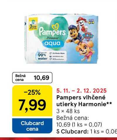 Pampers vlhčené utierky Harmonie 3 x 48 ks