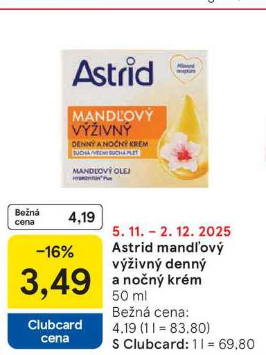 Astrid mandľový výživný denný a nočný krém 50 ml