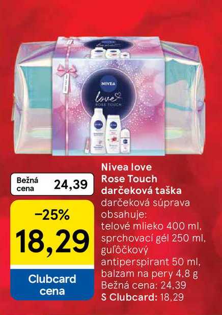 Nivea love Rose Touch darčeková taška, obsahuje: telové mlieko 400 ml. sprchovací gél 250 ml, guľôčkový antiperspirant 50 ml, balzam na pery 4,8 g