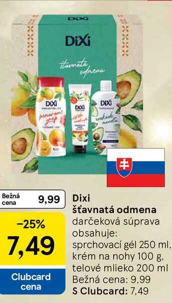 Dixi šťavnatá odmena darčeková súprava obsahuje: sprchovací gél 250 ml, krém na nohy 100 g, telové mlieko 200 ml 