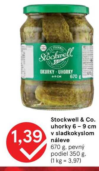 Stockwell & Co. uhorky 6-9 cm v sladkokyslom náleve 670 g, pevný podiel 350 g