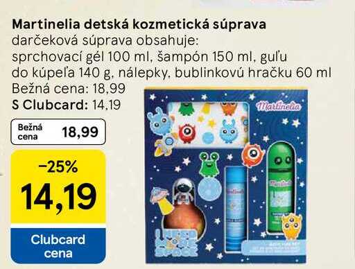 Martinelia detská kozmetická súprava obsahuje: sprchovací gél 100 ml, šampón 150 ml, gul'u do kúpeľa 140 g, nálepky, bublinkovú hračku 60 ml