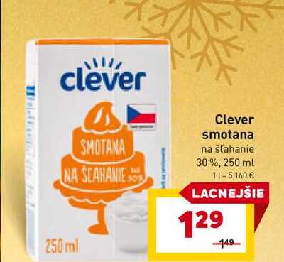 Clever smotana na šľahanie 30%, 250 ml 