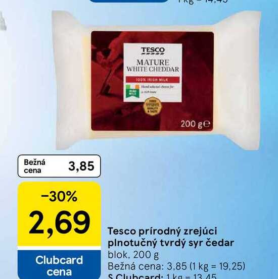 Tesco prírodný zrejúci plnotučný tvrdý syr čedar blok, 200 g