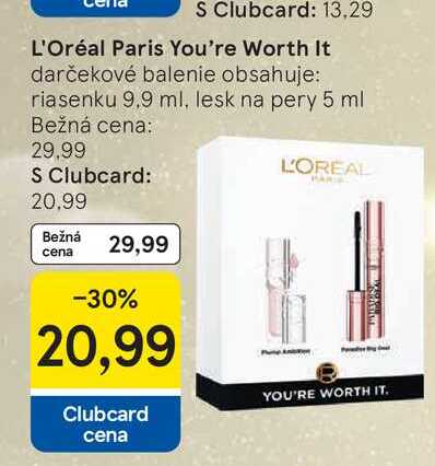 L'Oréal Paris You're Worth It darčekové balenie obsahuje: riasenku 9.9 ml, lesk na pery 5 ml